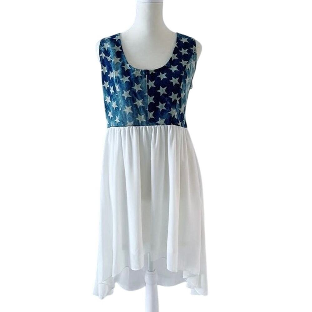 Very J Star Denim Top Chiffon Skirt Dress Women’s L Blue White Americana Boho